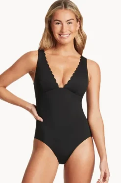 Women Sea Level Scalloped Longline Tri One Piece