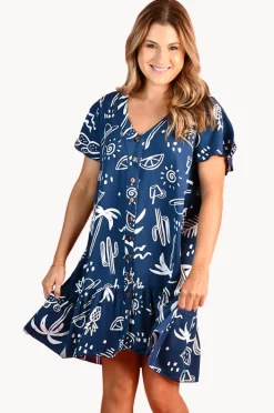 Women Go Girl Tropical Fiesta Cap Sleeve Button Dress